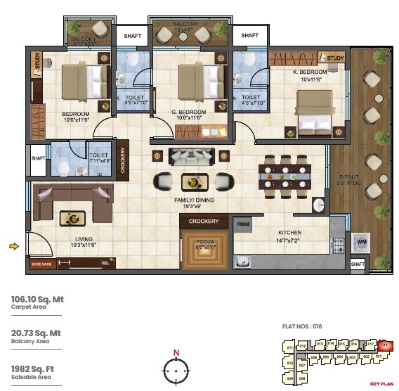 Floor plan of 3 BHK 1982 Sq. Ft. Apartment in Garuda Creek View, Bangalore