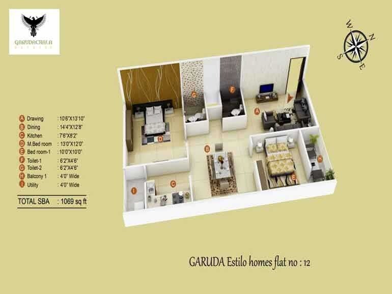 Floor plan of 2 BHK 1069 Sq. Ft. Apartment in Garuda Estilo Homes, Bangalore