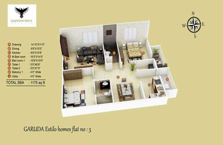 Floor plan of 2 BHK 1175 Sq. Ft. Apartment in Garuda Estilo Homes, Bangalore