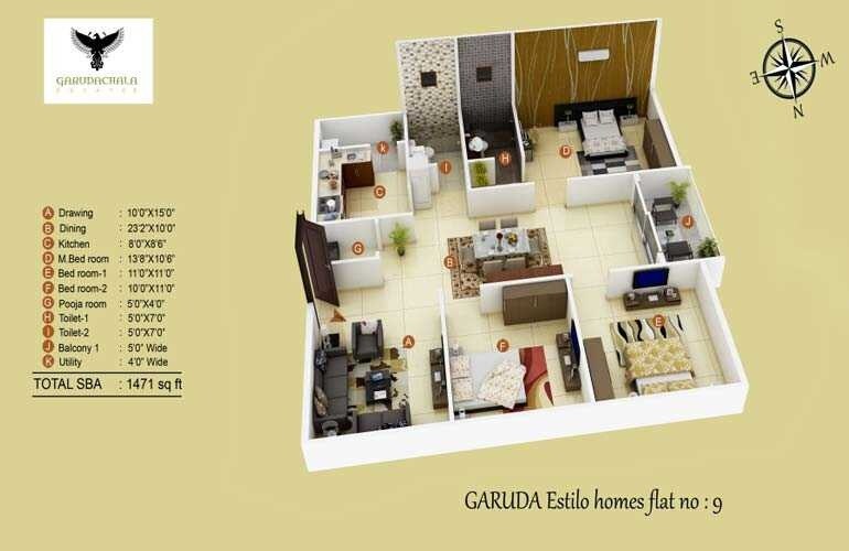 Floor plan of 3 BHK 1471 Sq. Ft. Apartment in Garuda Estilo Homes, Bangalore