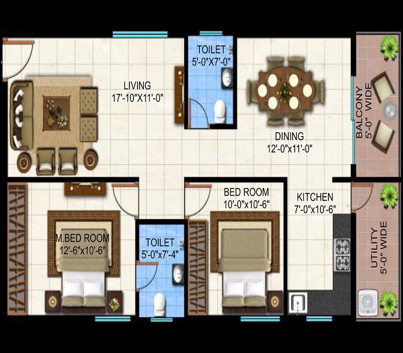 Floor plan of 2 BHK 1049 Sq. Ft. Apartment in Garuda Park Square, Bangalore