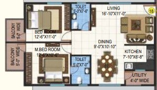 Floor plan of 2 BHK 1228 Sq. Ft. Apartment in Garuda Park Square, Bangalore