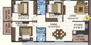 Floor plan of 3 BHK 1263 Sq. Ft. Apartment in Garuda Park Square, Bangalore