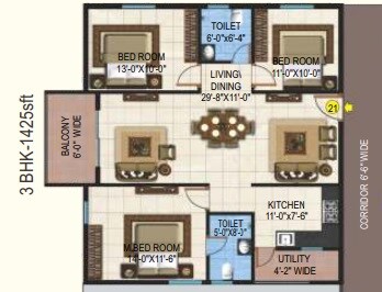Floor plan of 3 BHK 1425 Sq. Ft. Apartment in Garuda Park Square, Bangalore