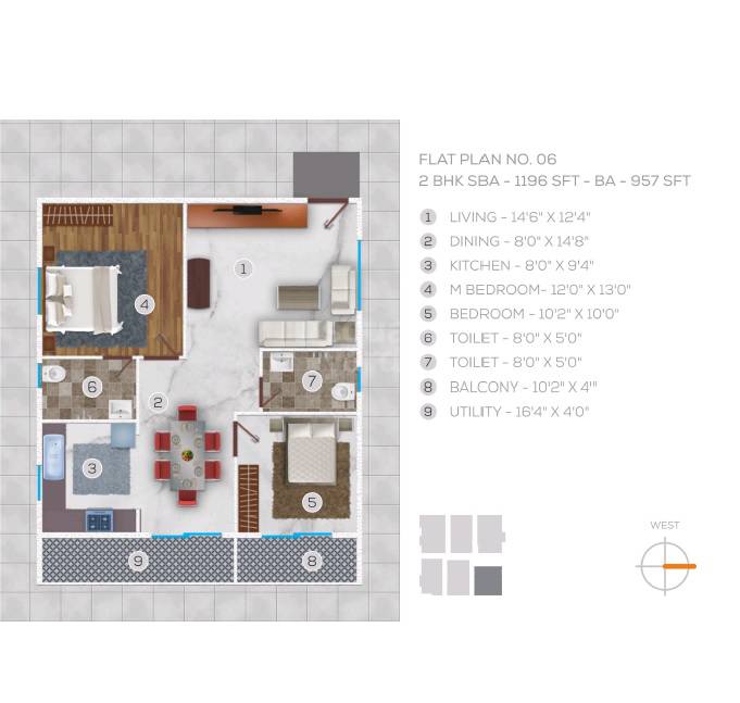 Floor plan of 2 BHK 1196 Sq. Ft. Apartment in Garudaathri Nilaya, Bangalore