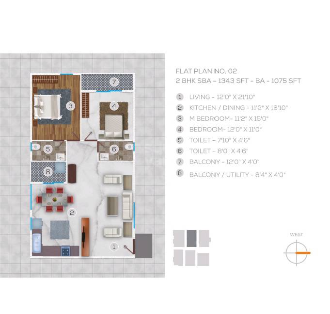 Floor plan of 2 BHK 1343 Sq. Ft. Apartment in Garudaathri Nilaya, Bangalore