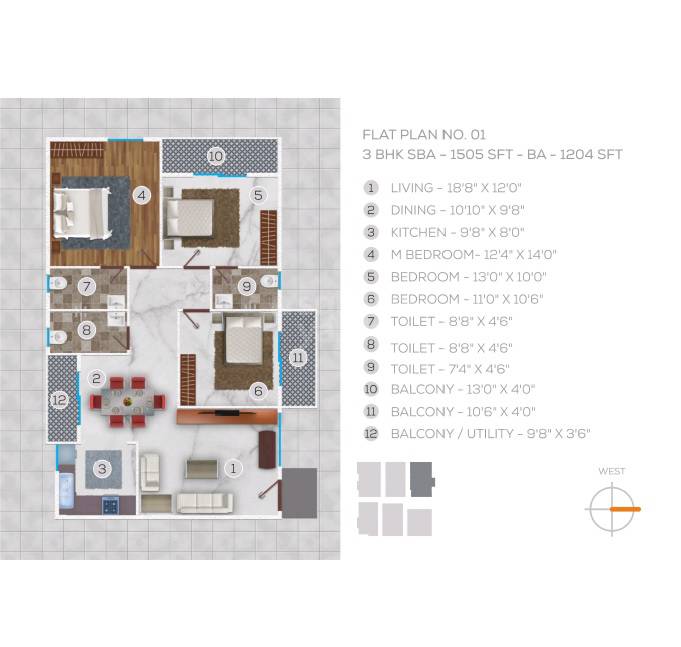 Floor plan of 3 BHK 1505 Sq. Ft. Apartment in Garudaathri Nilaya, Bangalore