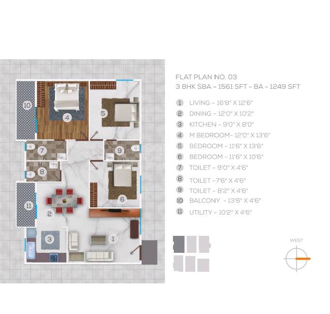 Floor plan of 3 BHK 1561 Sq. Ft. Apartment in Garudaathri Nilaya, Bangalore