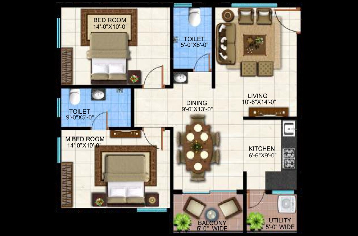Floor plan of 2 BHK Apartment - 1094 sq. ft. in Garudachala Park Square, Bangalore
