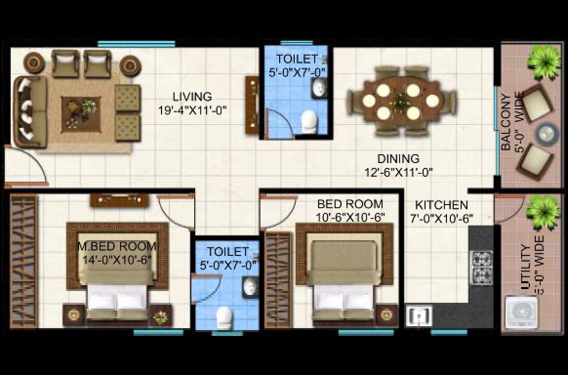 Floor plan of 2 BHK Apartment - 1228 sq. ft. in Garudachala Park Square, Bangalore