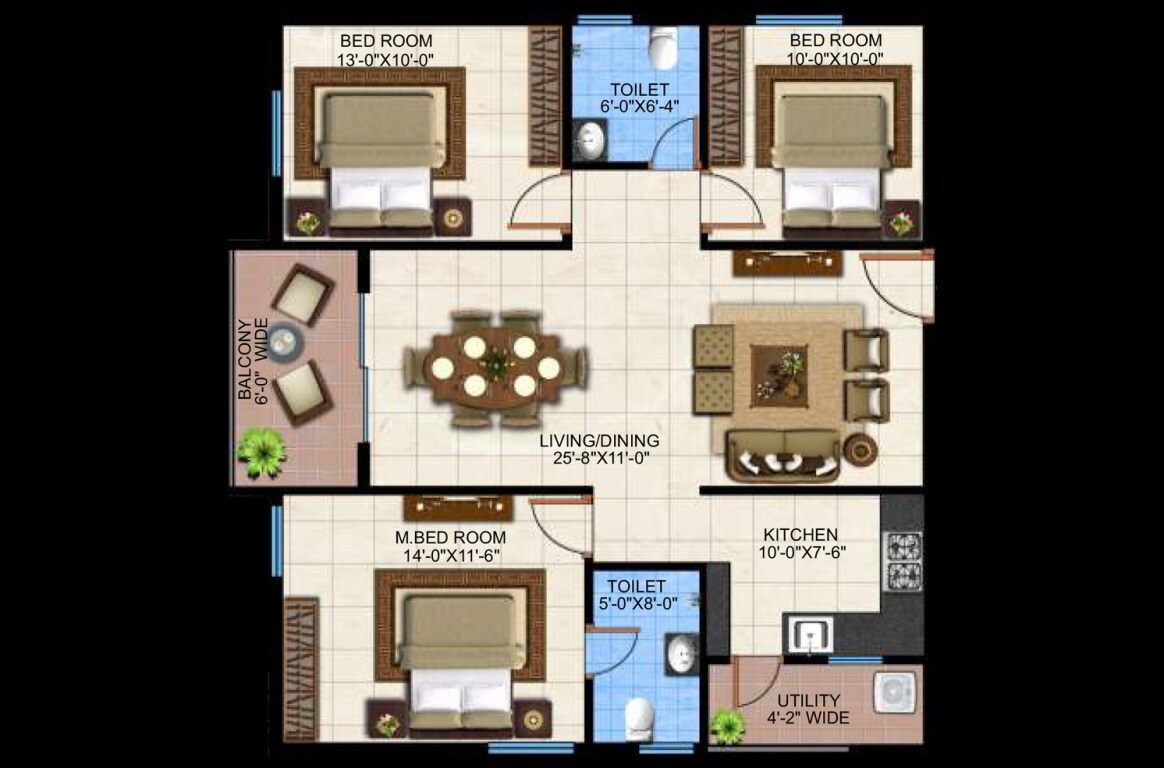 Floor plan of 3 BHK Apartment - 1339 sq. ft. in Garudachala Park Square, Bangalore
