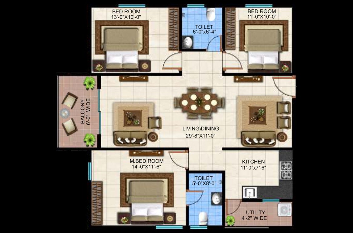 Floor plan of 3 BHK Apartment - 1425 sq. ft. in Garudachala Park Square, Bangalore