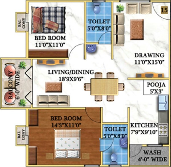 Floor plan of 2 BHK 1254 Sq. Ft. Apartment in Garudachala Royal Homes, Bangalore