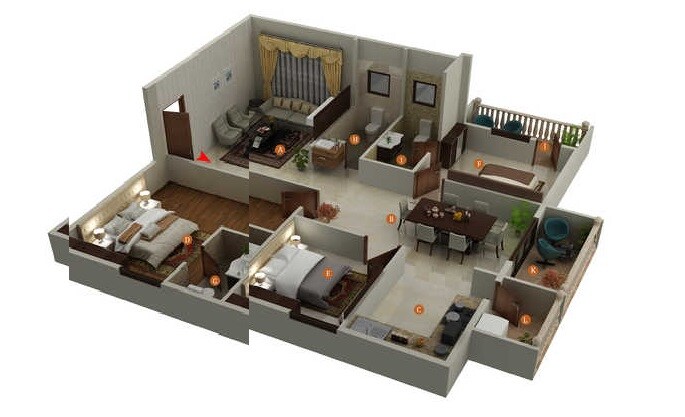 Floor plan of 3 BHK 1635 Sq. Ft. Apartment in Garudachala Royal Homes, Bangalore