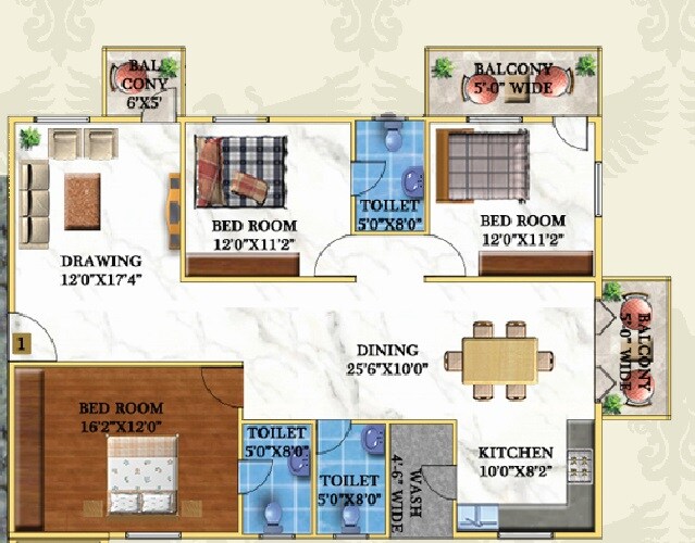 Floor plan of 3 BHK 1831 Sq. Ft. Apartment in Garudachala Royal Homes, Bangalore