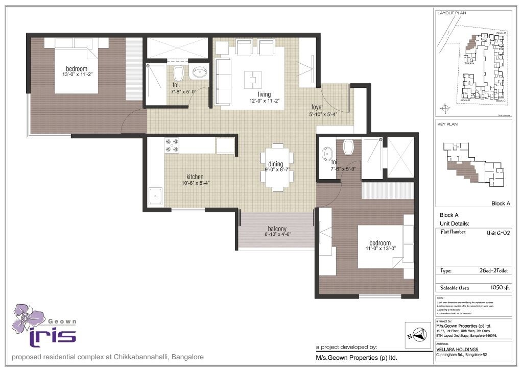 Floor plan of 2 BHK 1050 Sq. Ft. Apartment in Geown Iris, Bangalore