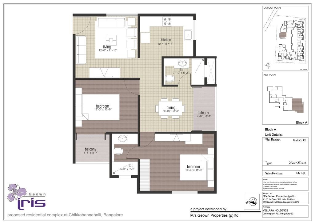 Floor plan of 2 BHK 1071 Sq. Ft. Apartment in Geown Iris, Bangalore