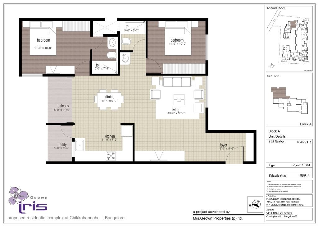 Floor plan of 2 BHK 1189 Sq. Ft. Apartment in Geown Iris, Bangalore