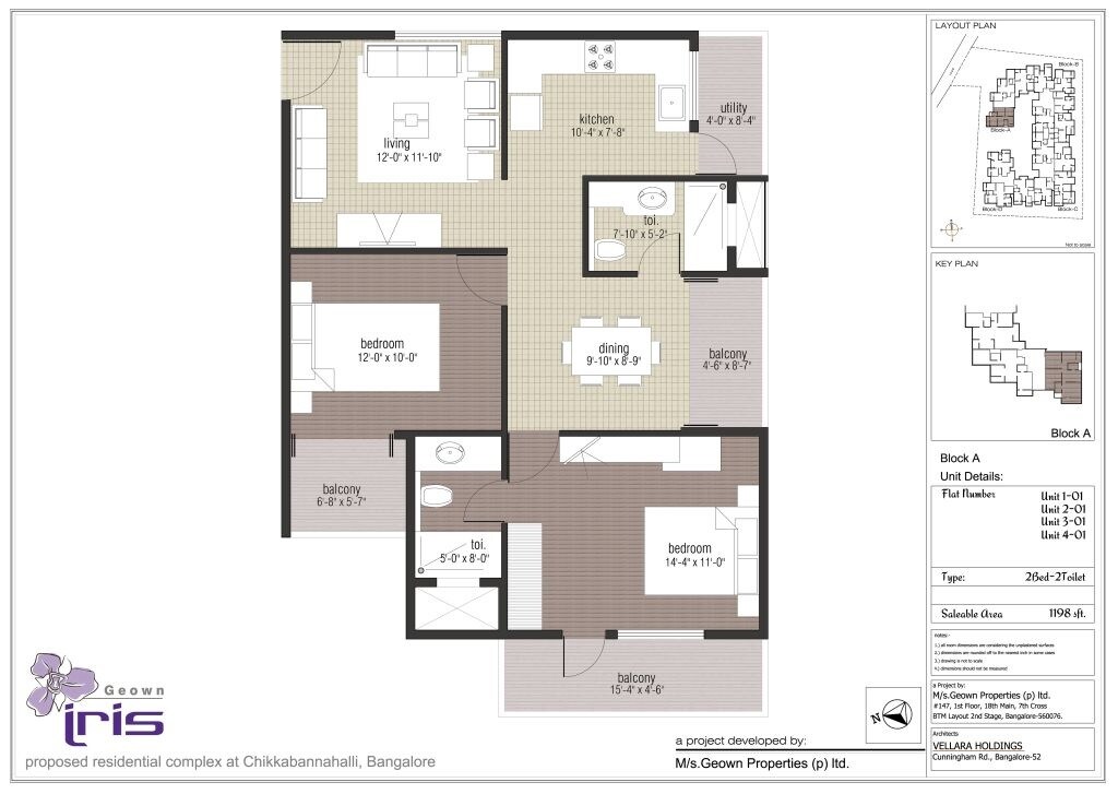 Floor plan of 2 BHK 1198 Sq. Ft. Apartment in Geown Iris, Bangalore