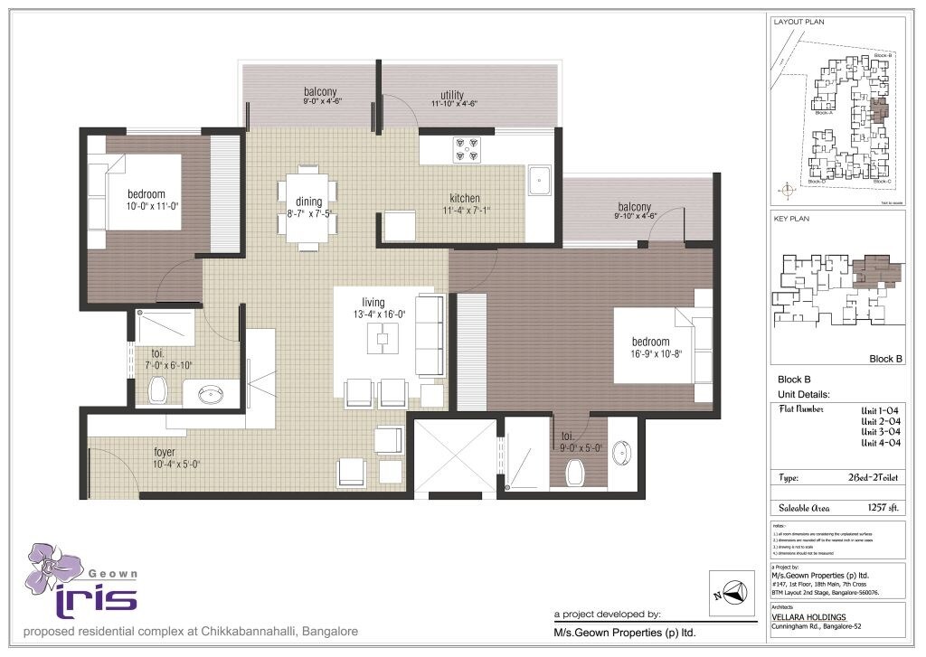 Floor plan of 2 BHK 1257 Sq. Ft. Apartment in Geown Iris, Bangalore