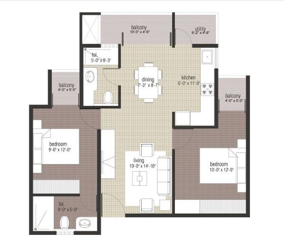 Floor plan of 2 BHK 986 Sq. Ft. Apartment in Geown Iris, Bangalore