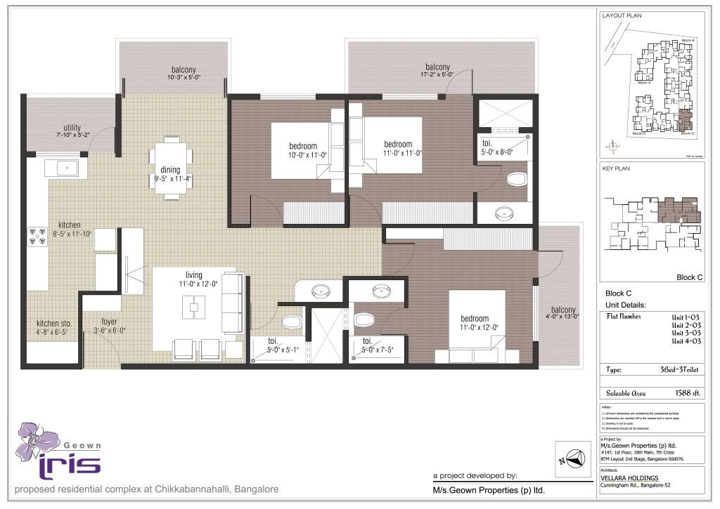 Floor plan of 3 BHK 1588 Sq. Ft. Apartment in Geown Iris, Bangalore