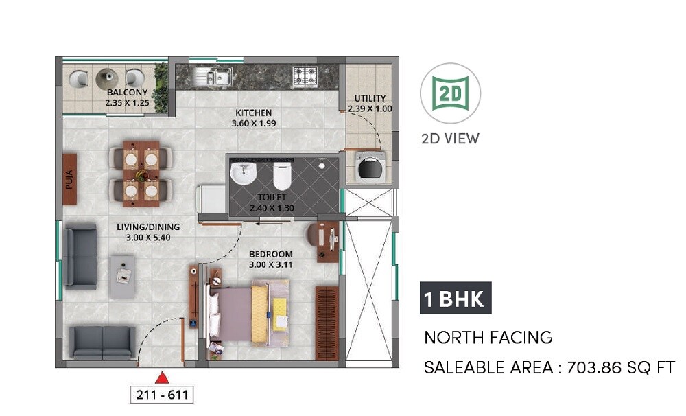 Floor plan of 1 BHK 704 Sq. Ft. Apartment in Gina Artize, Bangalore