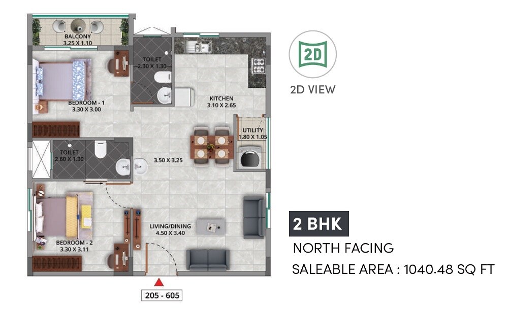 Floor plan of 2 BHK 1040 Sq. Ft. Apartment in Gina Artize, Bangalore