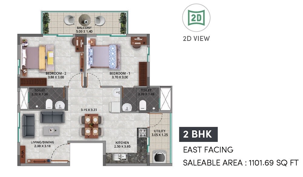Floor plan of 2 BHK 1102 Sq. Ft. Apartment in Gina Artize, Bangalore