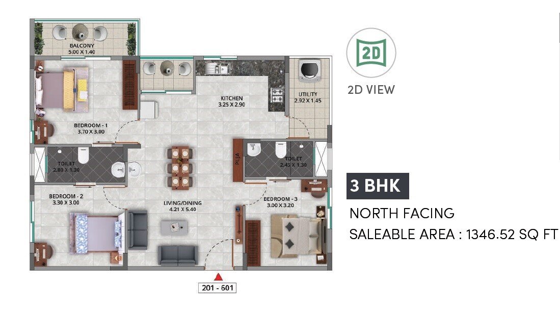 Floor plan of 3 BHK 1347 Sq. Ft. Apartment in Gina Artize, Bangalore