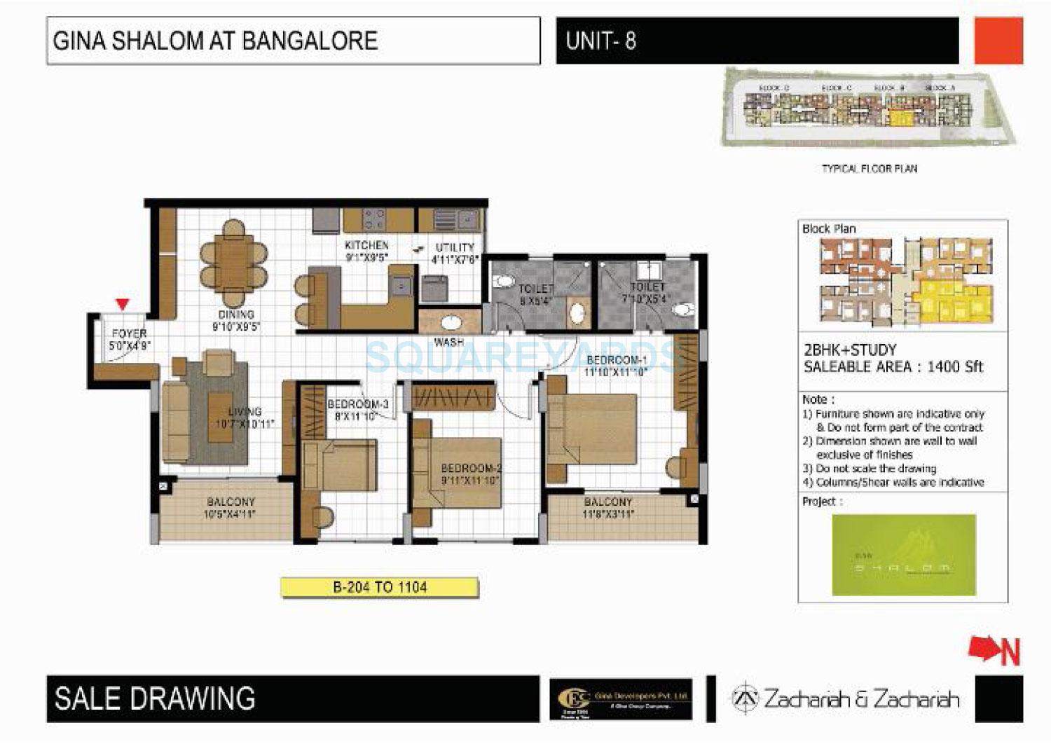 Floor plan of 3 BHK 1400 Sq. Ft. Apartment in Gina Shalom, Bangalore