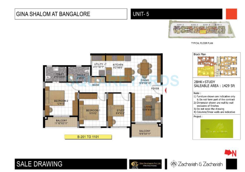 Floor plan of 2 BHK 1429 Sq. Ft. Apartment in Gina Shalom, Bangalore