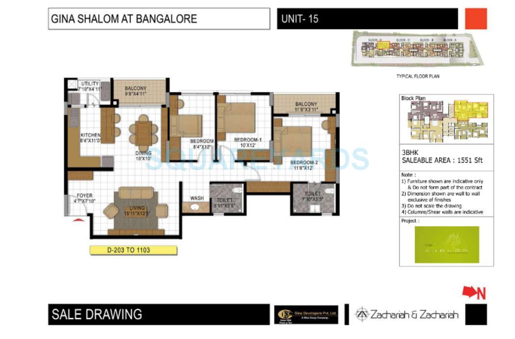Floor plan of 3 BHK 1551 Sq. Ft. Apartment in Gina Shalom, Bangalore