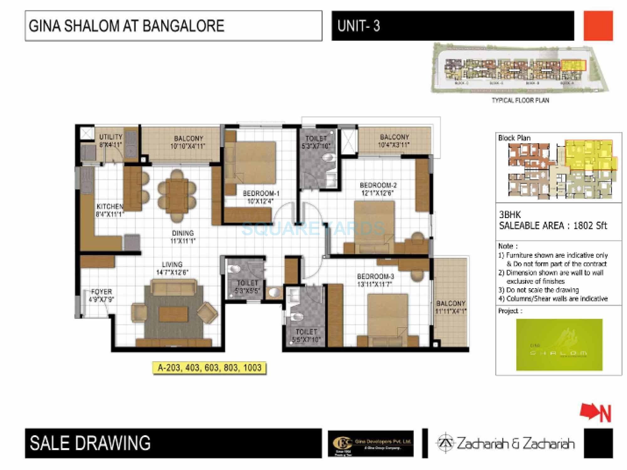 Floor plan of 3 BHK 1802 Sq. Ft. Apartment in Gina Shalom, Bangalore