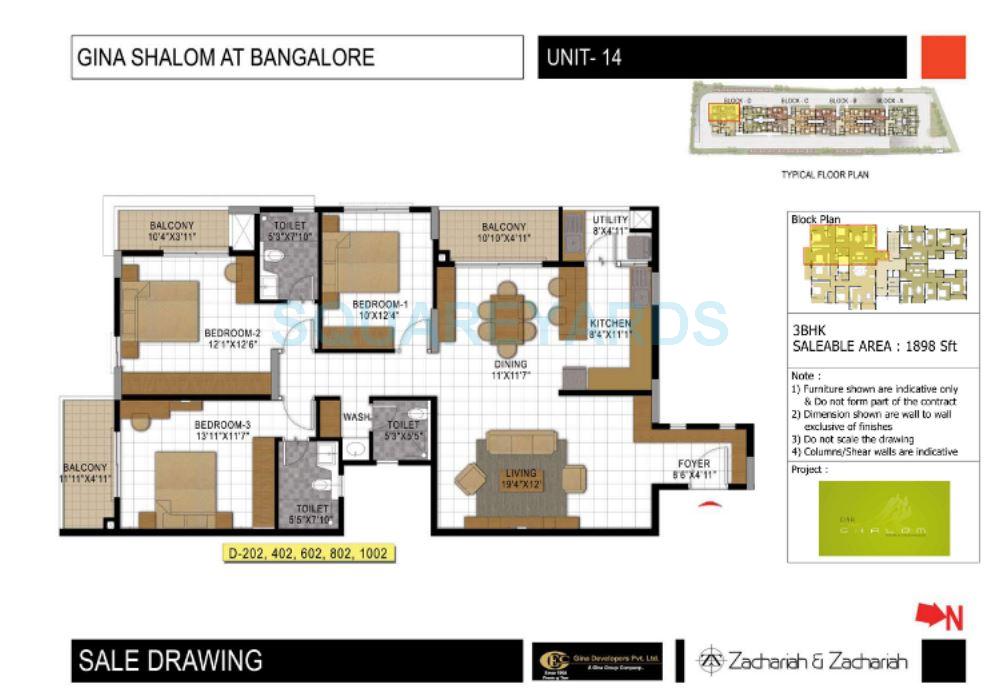 Floor plan of 3 BHK 1898 Sq. Ft. Apartment in Gina Shalom, Bangalore