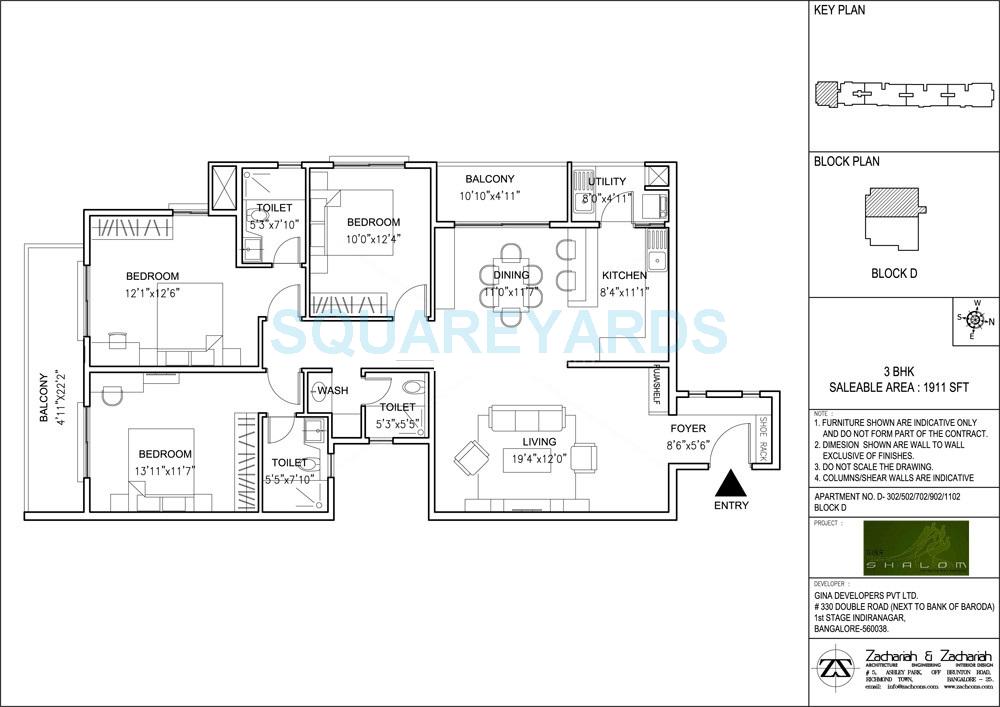 Floor plan of 3 BHK 1911 Sq. Ft. Apartment in Gina Shalom, Bangalore