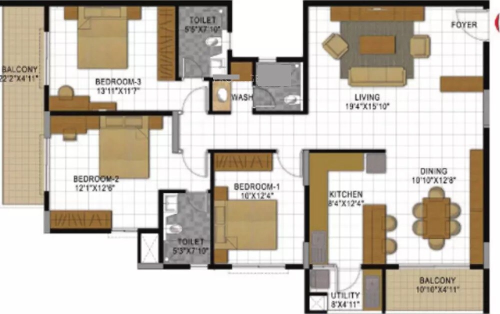 Floor plan of 3 BHK 1968 Sq. Ft. Apartment in Gina Shalom, Bangalore