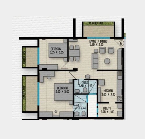 Floor plan of 2 BHK 1277 Sq. Ft. Apartment in Gitanjali Aristocracy, Bangalore