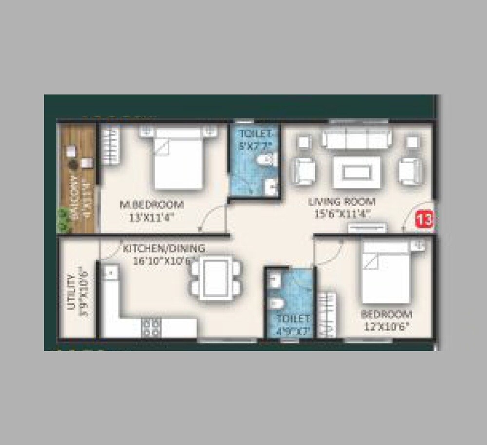 Floor plan of 2 BHK 1155 Sq. Ft. Apartment in GK Gateway, Bangalore