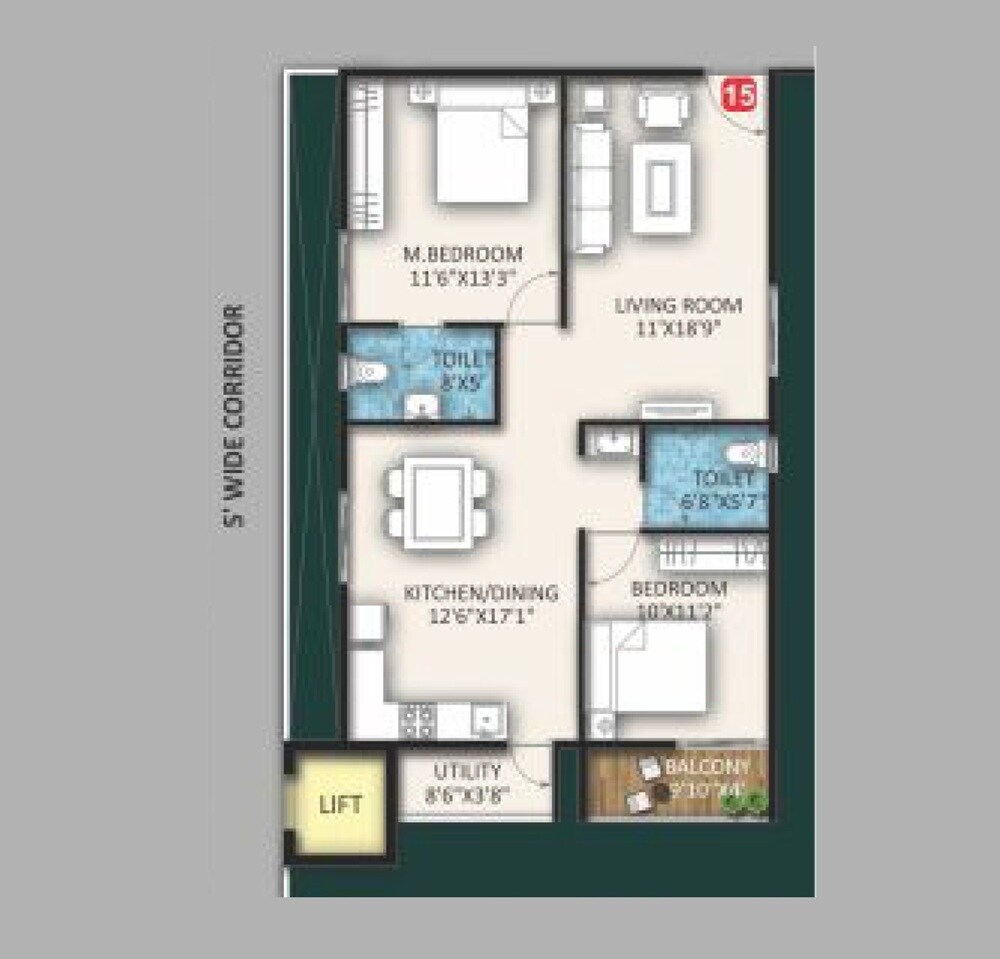 Floor plan of 2 BHK 1240 Sq. Ft. Apartment in GK Gateway, Bangalore