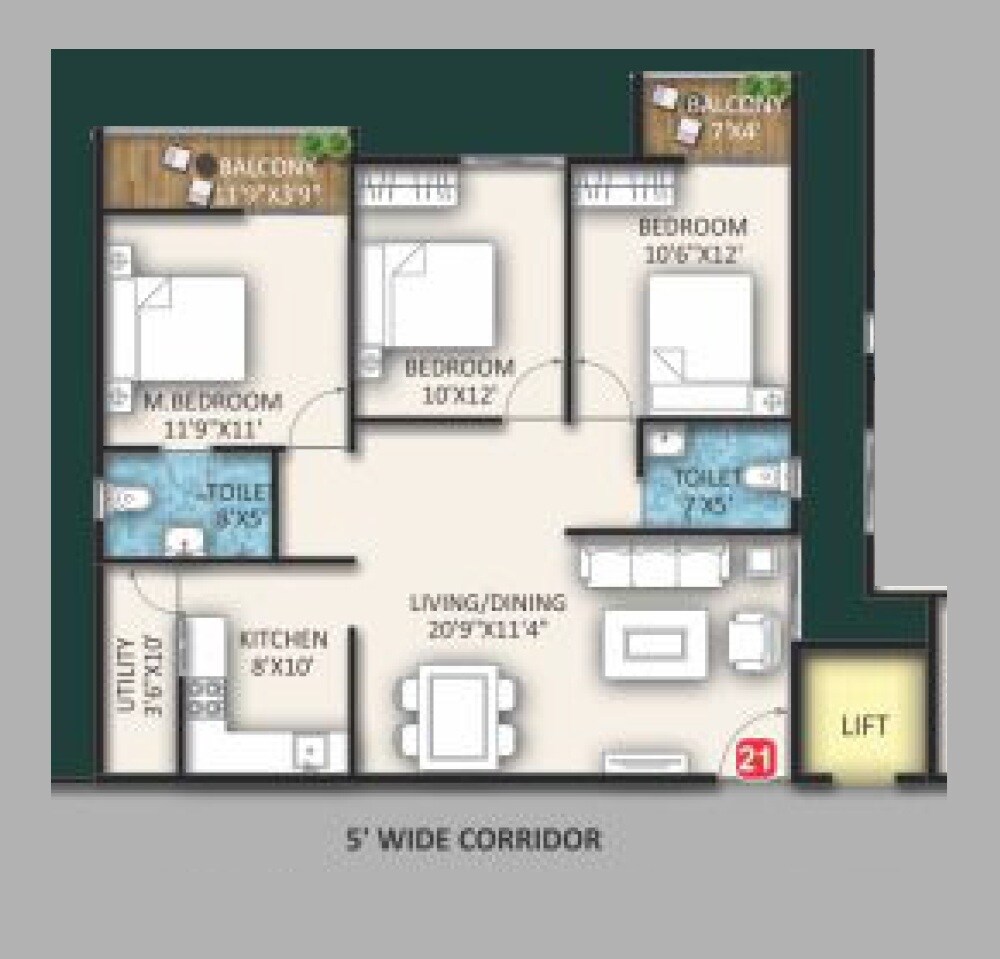 Floor plan of 3 BHK 1360 Sq. Ft. Apartment in GK Gateway, Bangalore