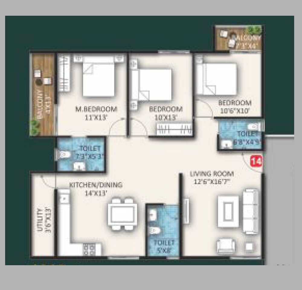 Floor plan of 3 BHK 1585 Sq. Ft. Apartment in GK Gateway, Bangalore