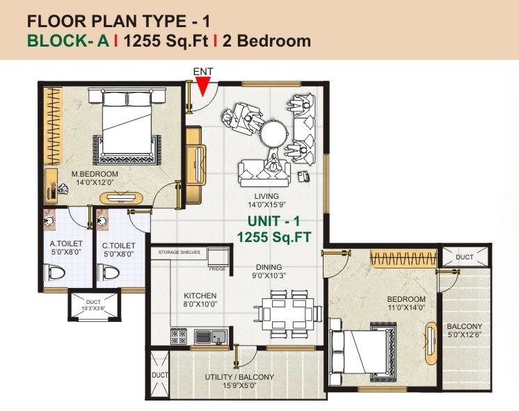 Floor plan of 2 BHK 1255 Sq. Ft. Apartment in GK Golden City, Bangalore