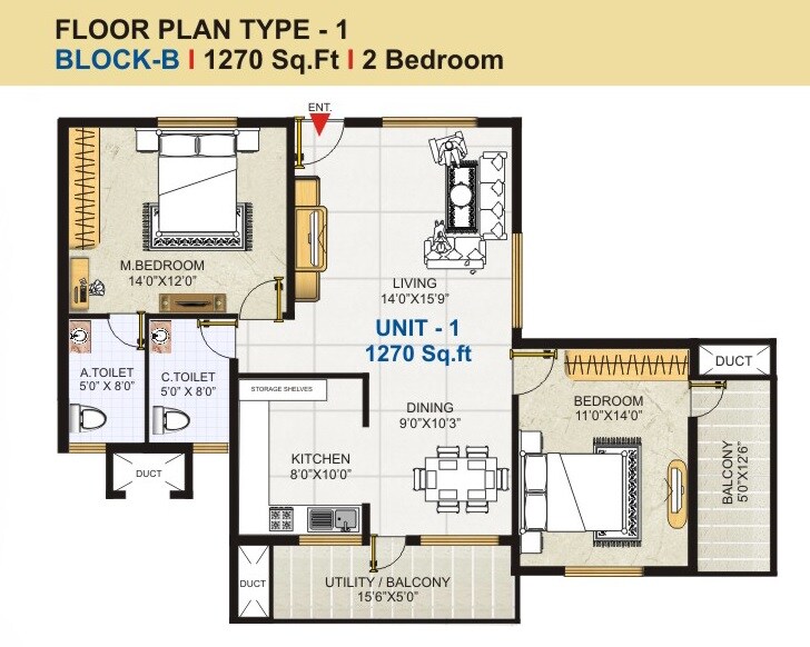 Floor plan of 2 BHK 1270 Sq. Ft. Apartment in GK Golden City, Bangalore