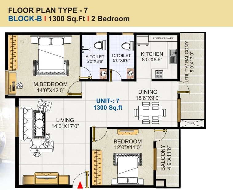 Floor plan of 2 BHK 1300 Sq. Ft. Apartment in GK Golden City, Bangalore