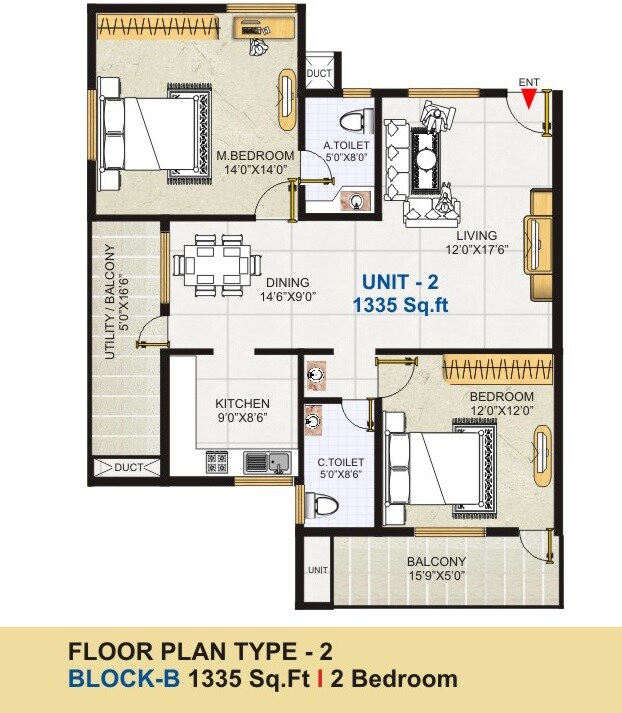 Floor plan of 2 BHK 1335 Sq. Ft. Apartment in GK Golden City, Bangalore