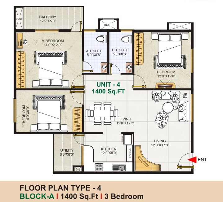 Floor plan of 3 BHK 1400 Sq. Ft. Apartment in GK Golden City, Bangalore