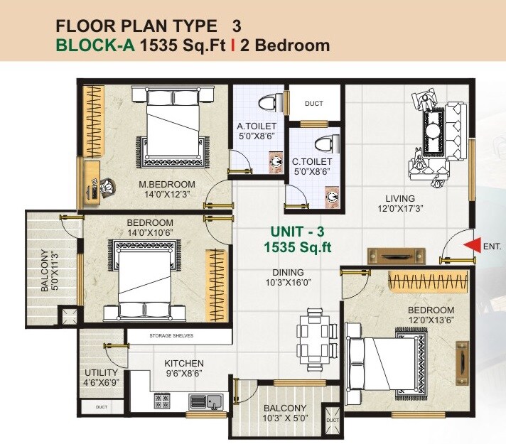 Floor plan of 3 BHK 1535 Sq. Ft. Apartment in GK Golden City, Bangalore