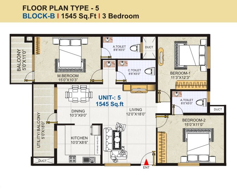 Floor plan of 3 BHK 1545 Sq. Ft. Apartment in GK Golden City, Bangalore