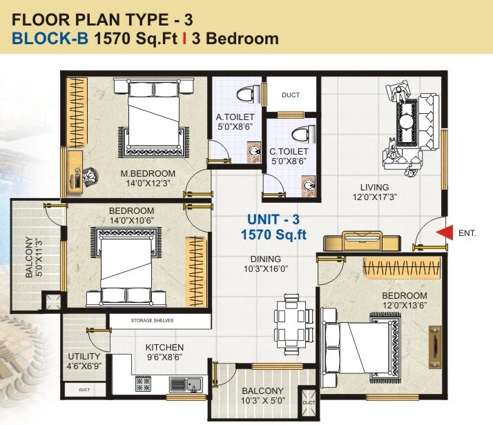 Floor plan of 3 BHK 1570 Sq. Ft. Apartment in GK Golden City, Bangalore